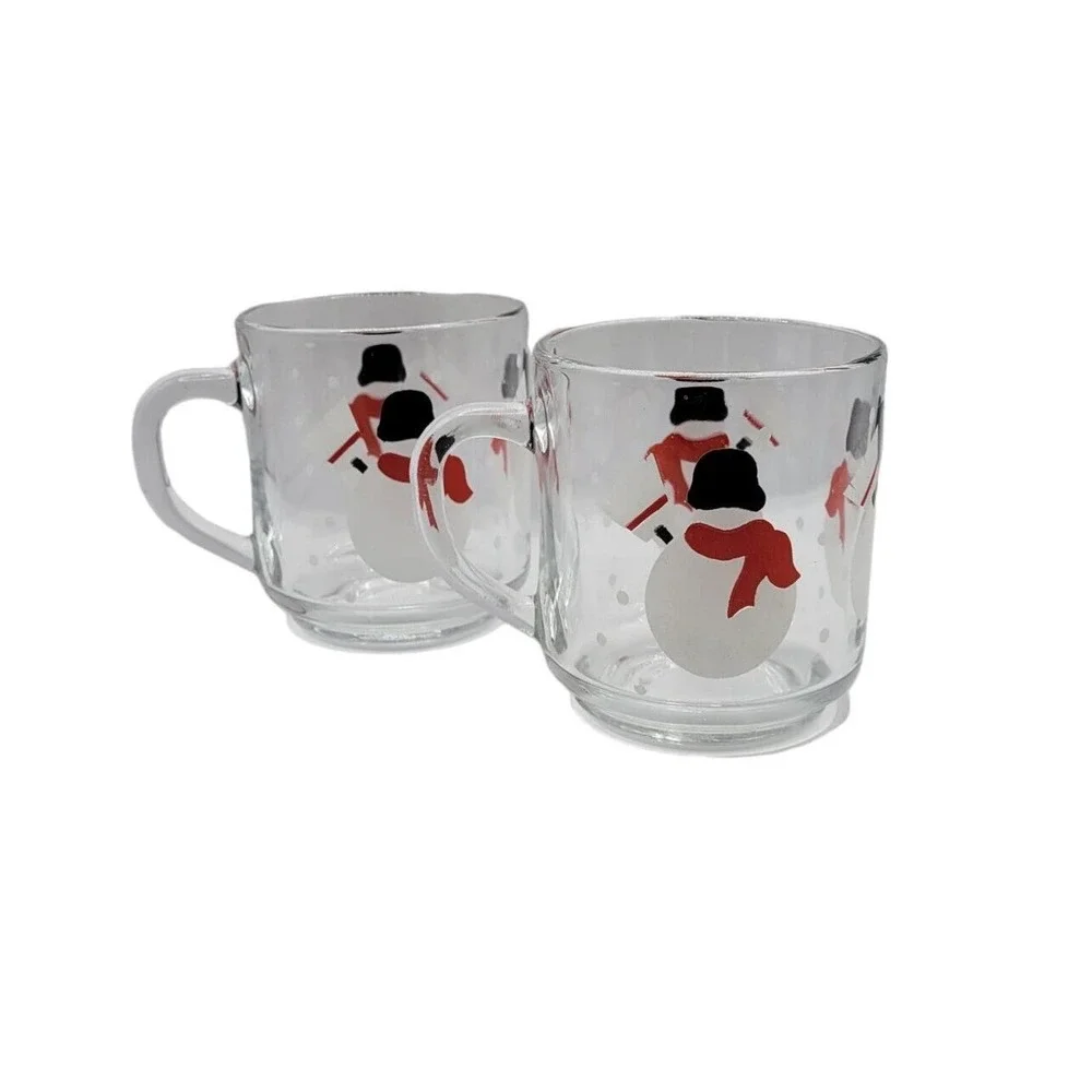 Pair Of 2 Crate & Barrel Luminarc Snowman Snowflakes 10 Oz Glass Coffee Tea Mugs